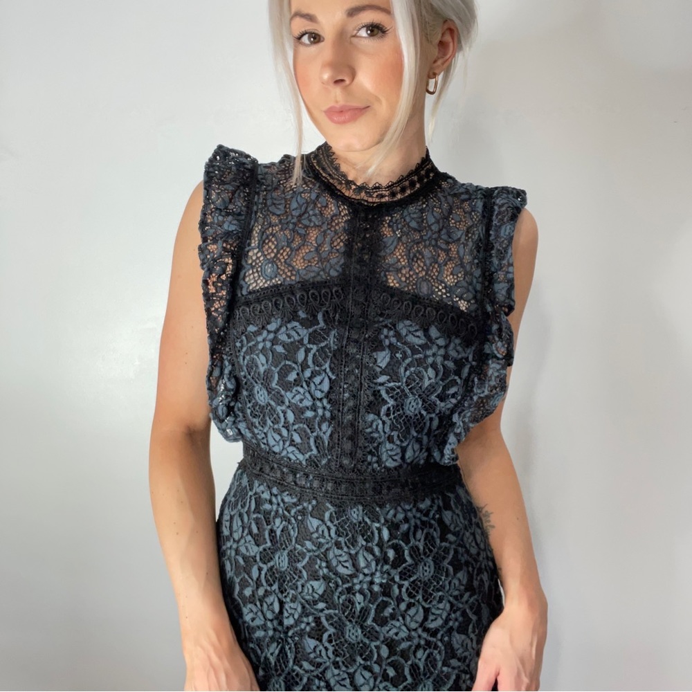 Contrasting Lace Dress Teal Sheer Cut-outs Keyhole Knee-length Victorian Grunge